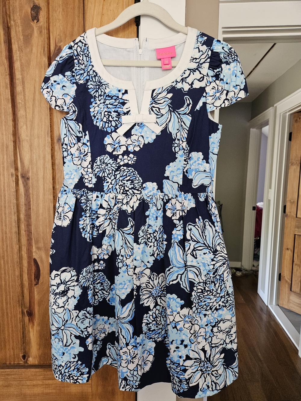 Lilly Pulitzer Girl's White and Navy Floral Dress with Light Blue Accents